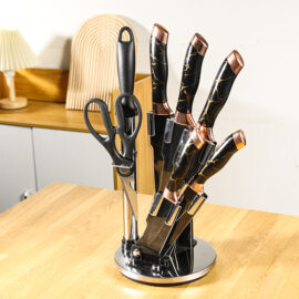 Set De Cuchillos Premium 8 Piezas Con Soporte Giratorio Marmoleado