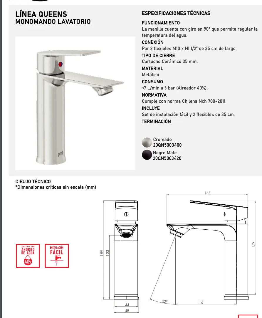 Monomando Llave Grifo Para Lavatorio Modelo Queens Marca PMB - Imagen 7