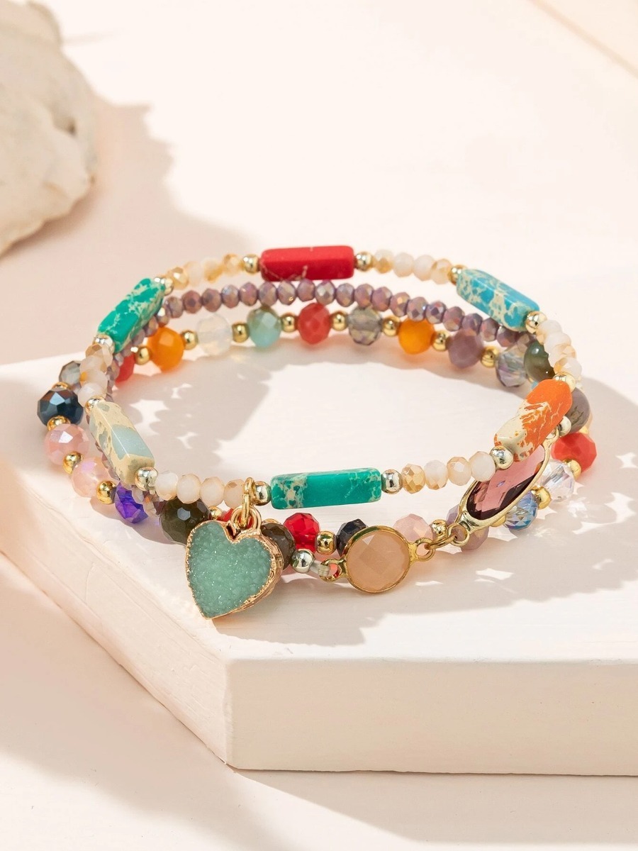 Pulsera Multicolor 3 Pzs + Dije De Corazón De Cristal Pnl - Imagen 3