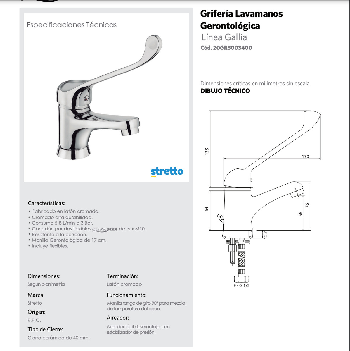 Monomando Lavatorio Paleta Gerontológica Stretto - Imagen 8