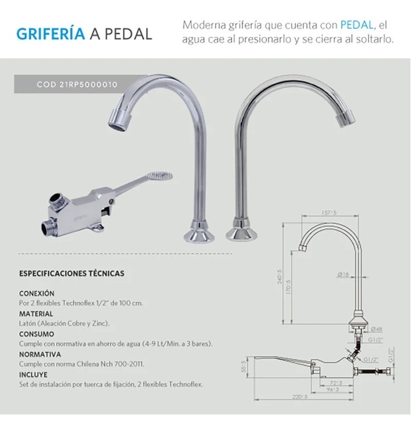 Grifería Lavaplatos Grifo Llave Con Pedal - Imagen 4