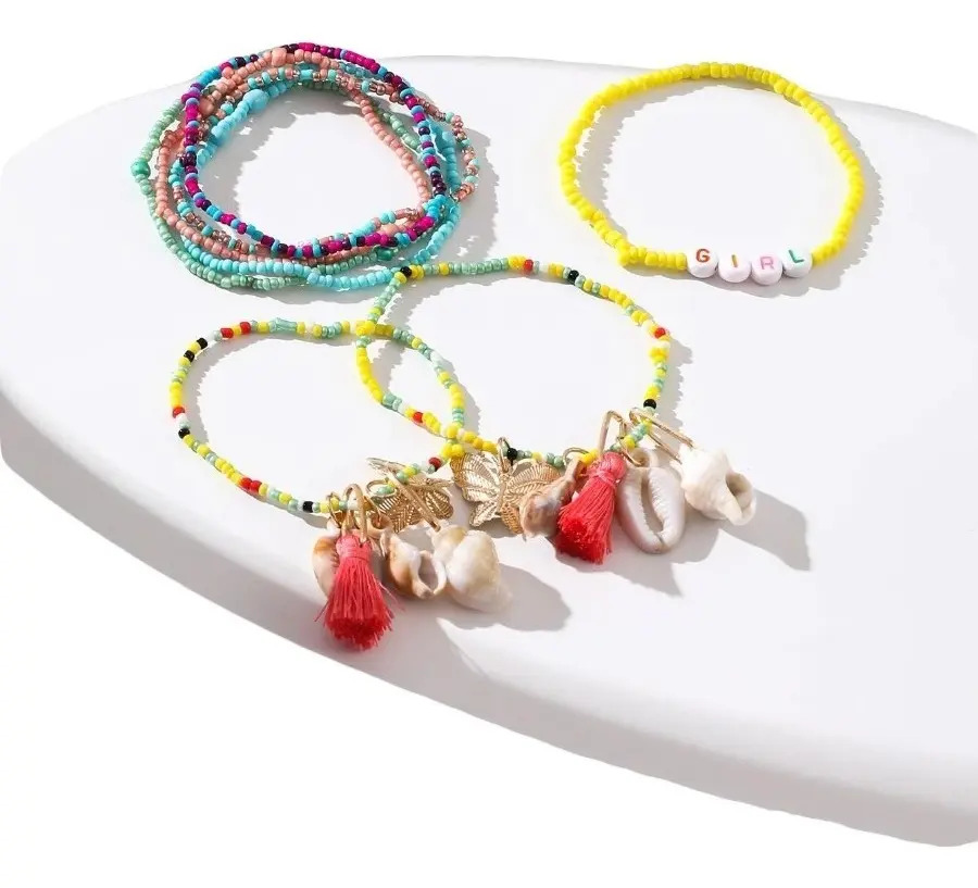 Pulsera Casual De Colores + Conchas + Dijes  Set 7 Pieza Pnl