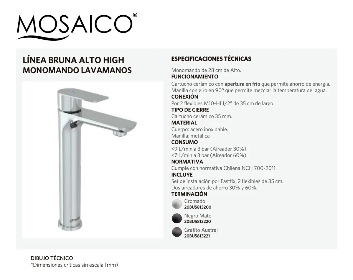 Monomando Lavatorio Llave Modelo Bruna Alto High Stretto - Imagen 2