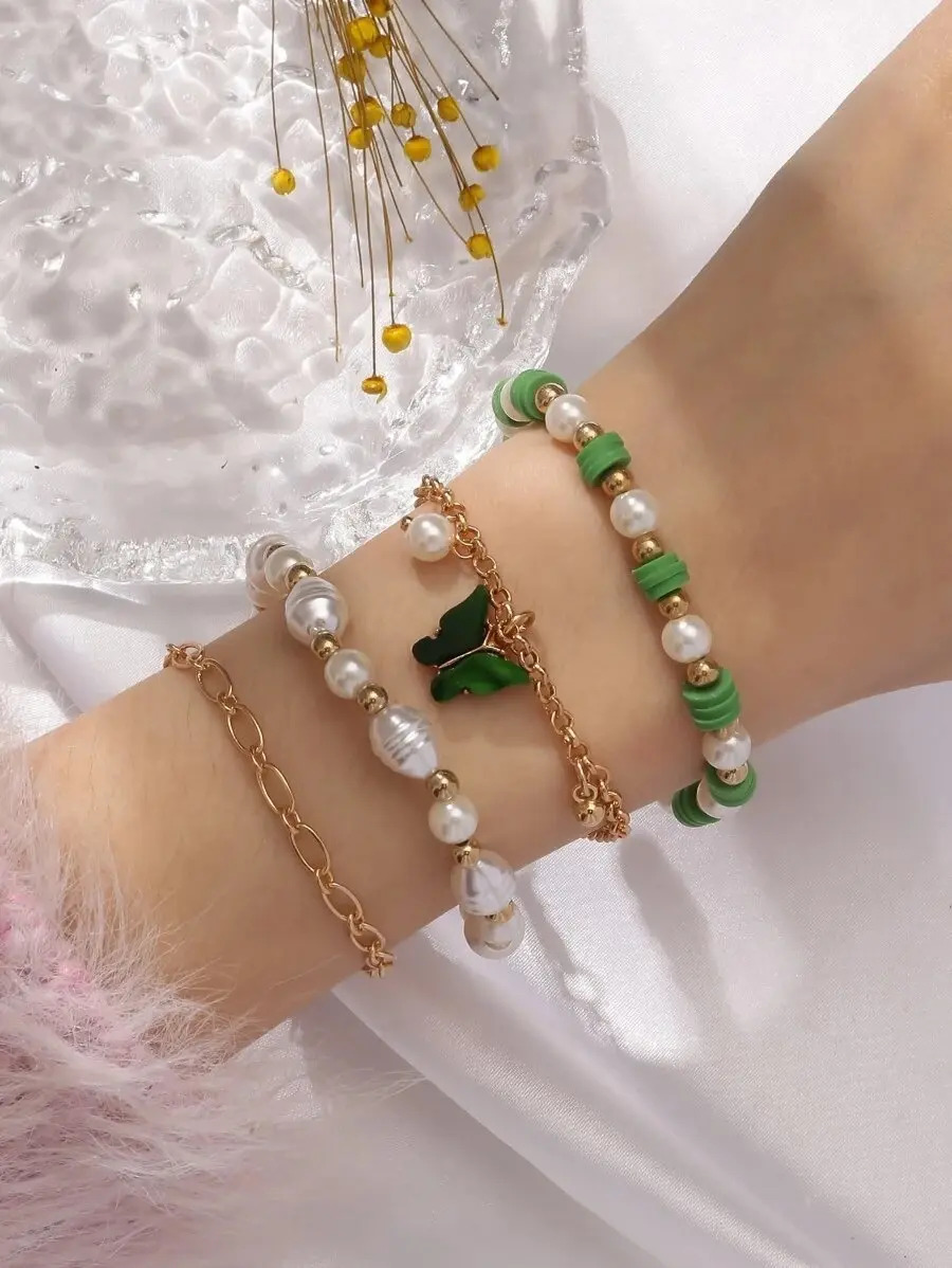 Pulsera Mariposa Diseño De Perla Artificial Set 4 Piezas Pnl - Imagen 3
