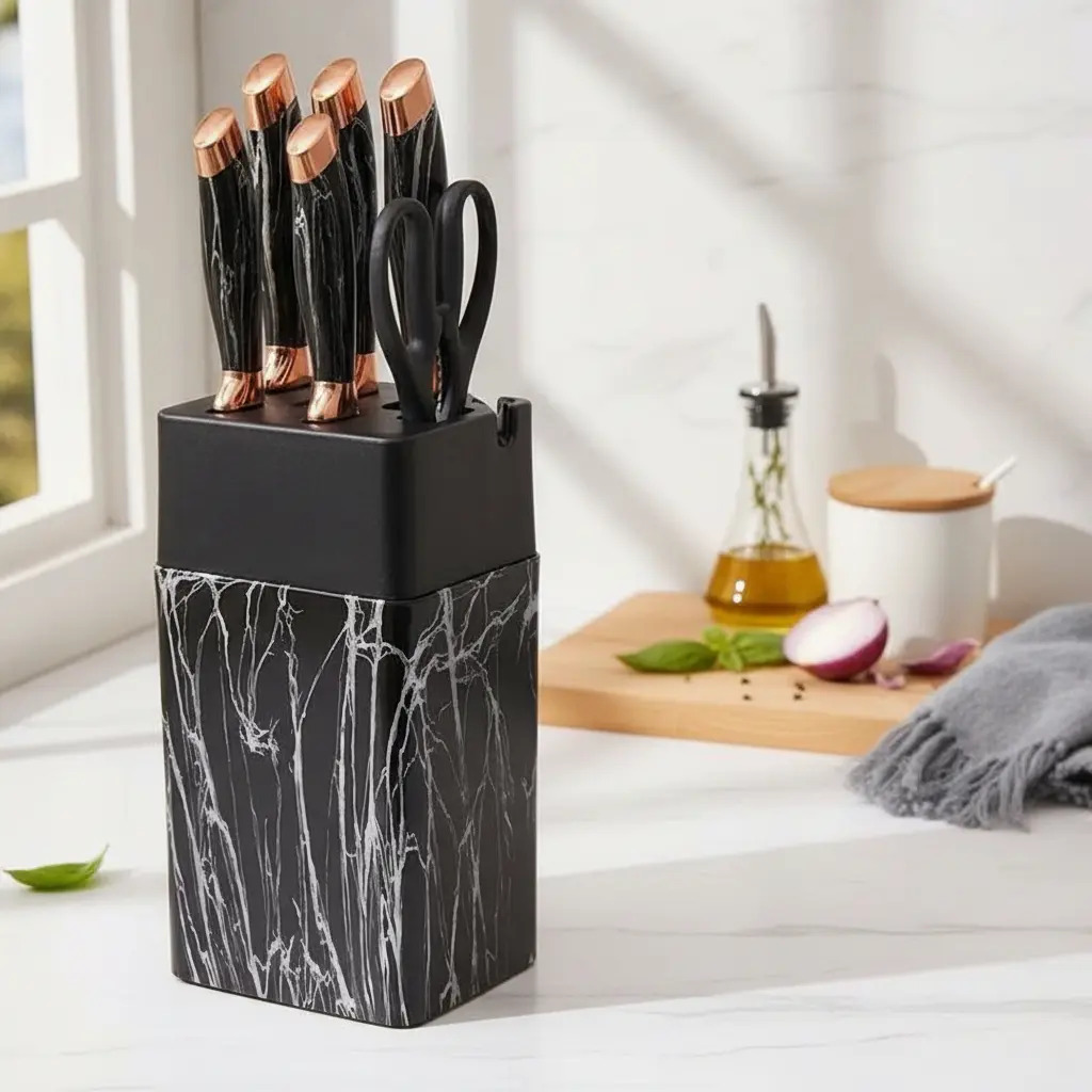 Set Cuchillos De Cocina 7 Piezas Con Bloque Diseño De Mármol