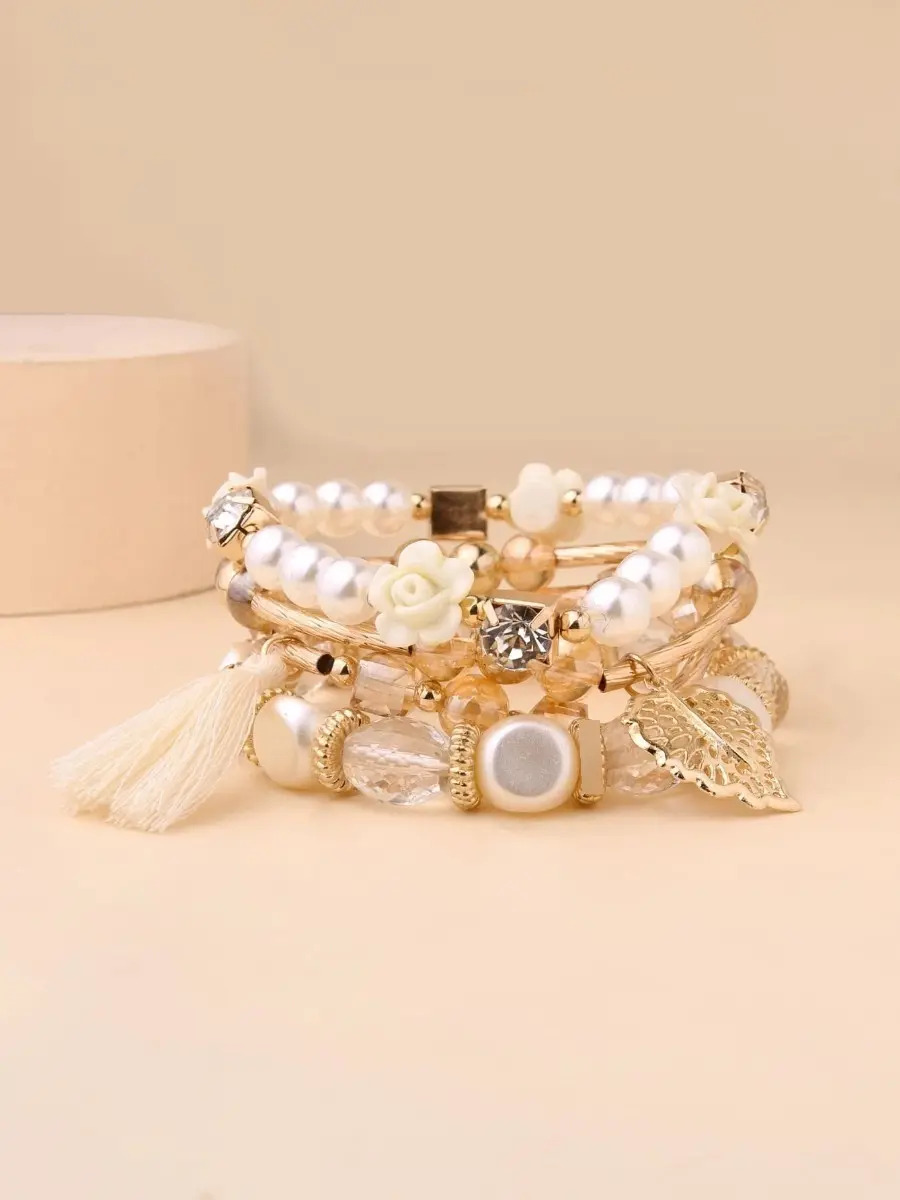Pulsera Brazalete Casual Con Fleco Y Hoja 4 Piezas Pnl - Imagen 2