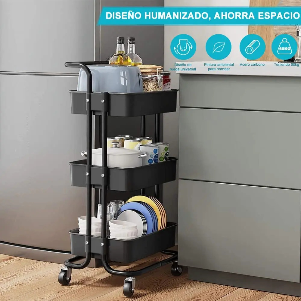 Carro Estante Organizador Con 3 Niveles Y Ruedas Metalico - Imagen 4