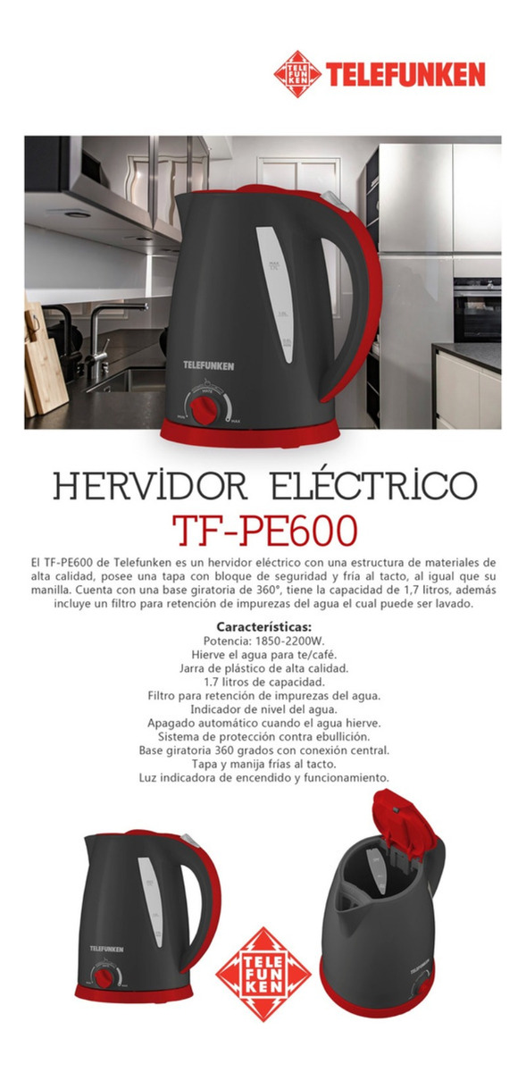 Hervidor Electrico Telefunken Tf Pe600 1.7 Litros 2200w - Imagen 6