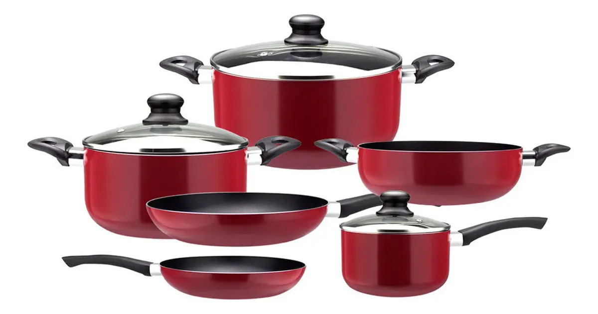 Bateria De Cocina 9 Piezas Antiadherente Slide Rojo Marmicoc