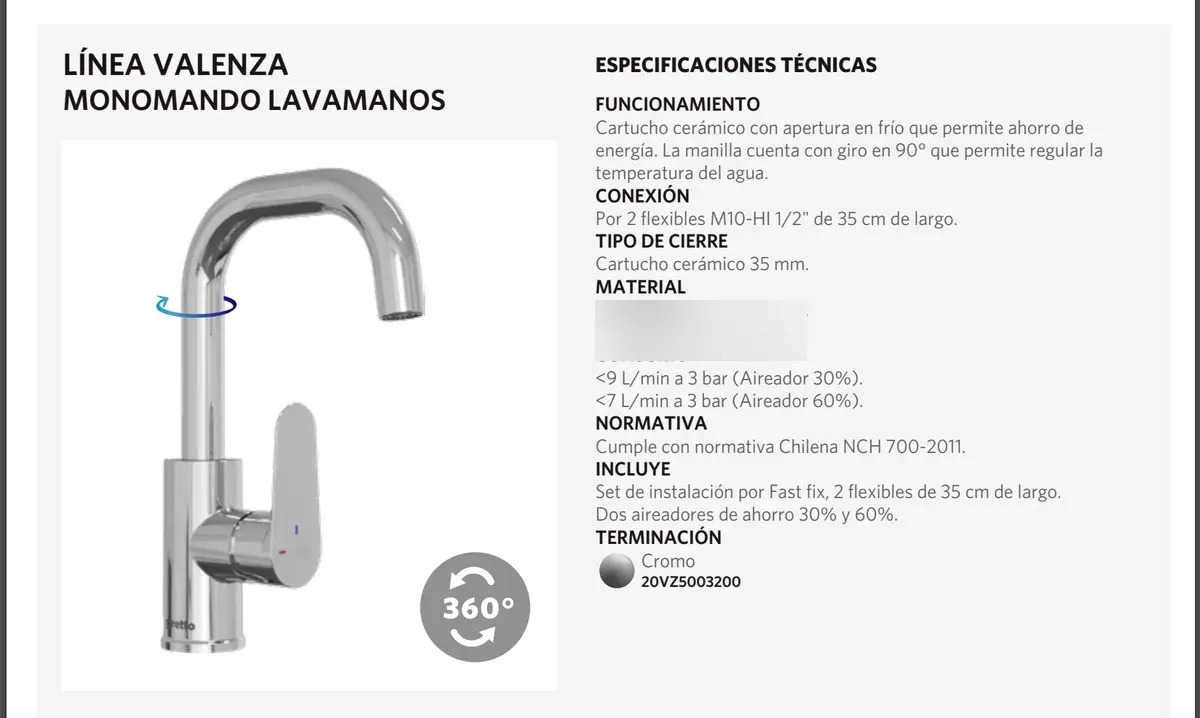 Monomando Llave Grifo Lavamanos Valenza Marca Stretto - Imagen 4