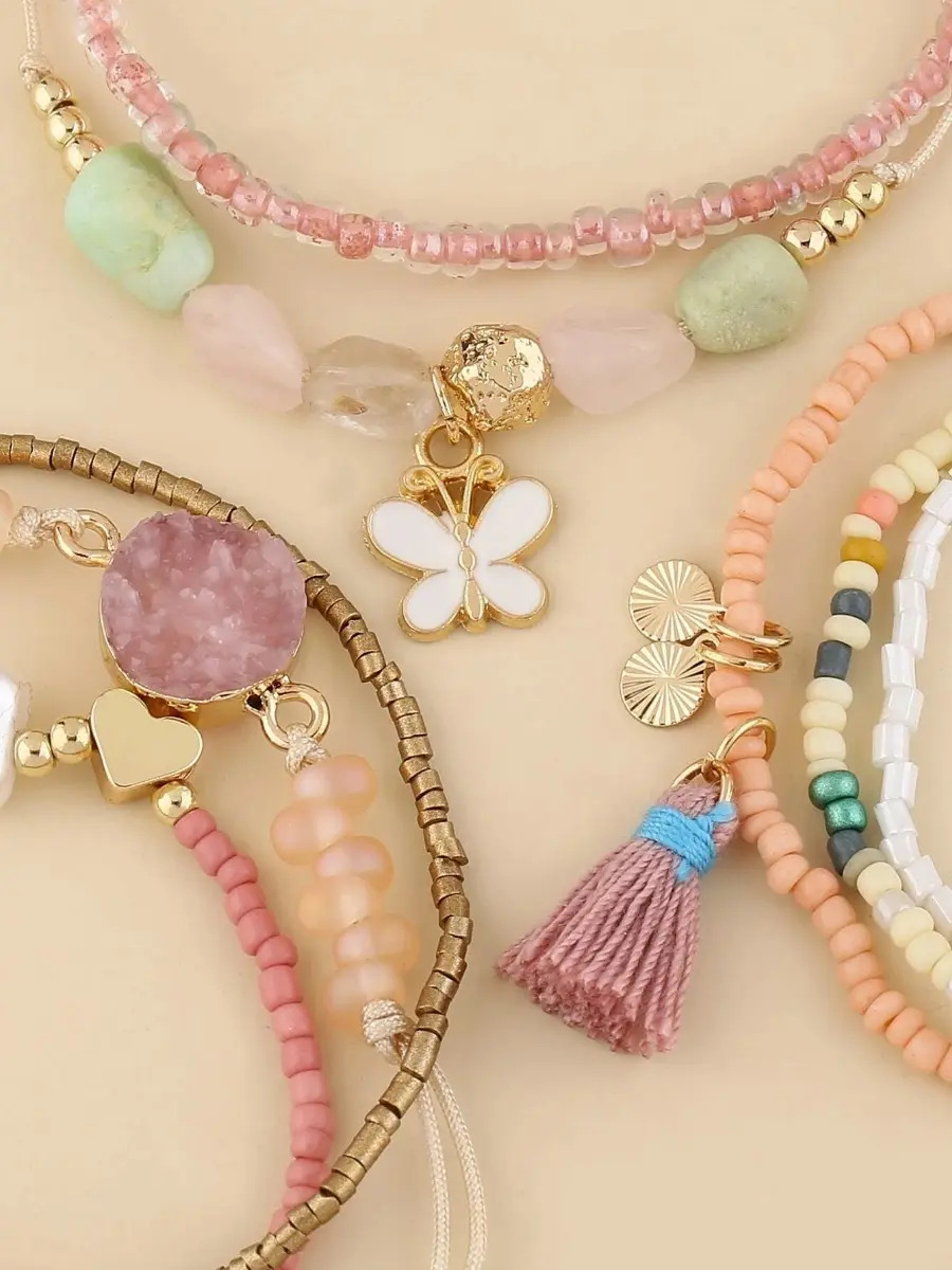 Pulsera Casual Set 8 Pzs Cuencas Redonda + Dije Mariposa Pnl - Imagen 2