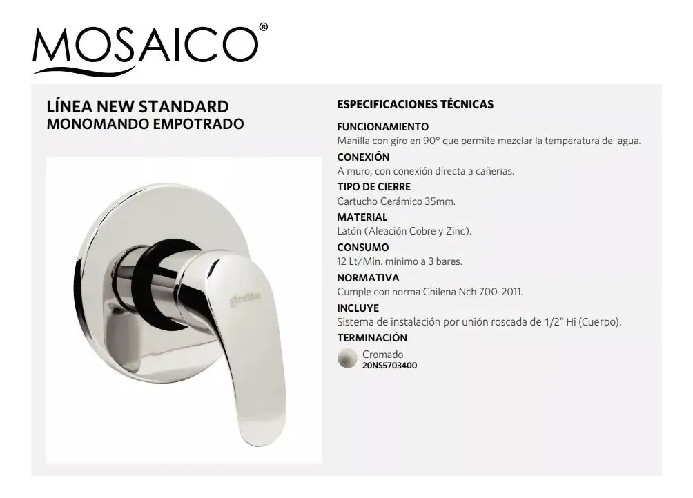 Monomando Ducha Empotrado New Standard - Imagen 5