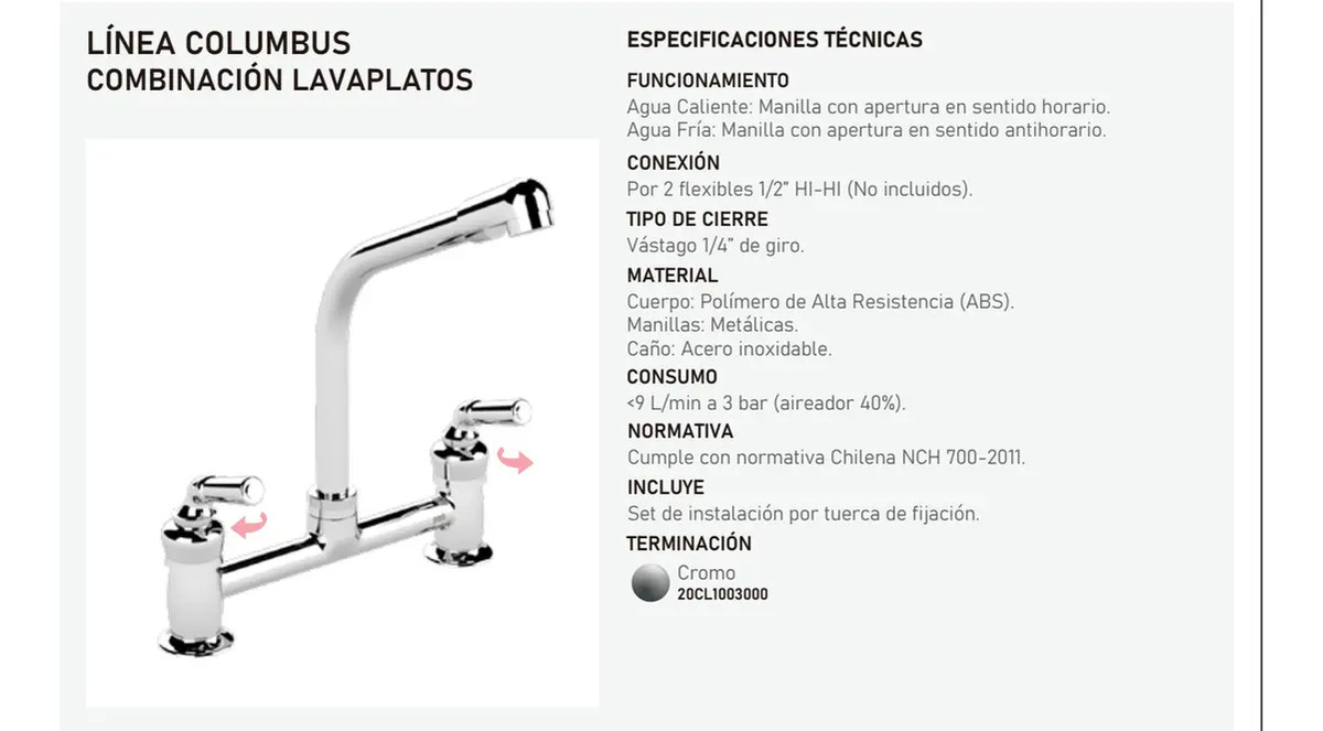 Combinación Grifo De Fregadero Lavaplatos Columbus Cromo - Imagen 2
