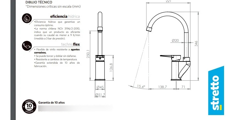 Monomando Grifo Llave Lavaplatos Fregadero Napoles Stretto - Imagen 5