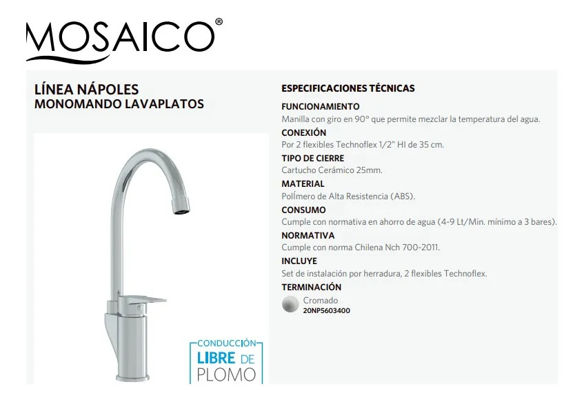 Monomando Grifo Llave Lavaplatos Fregadero Napoles Stretto - Imagen 4