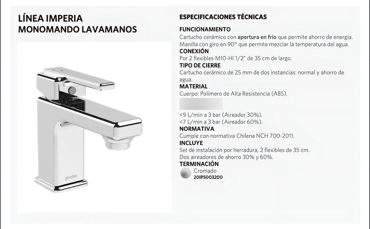 Monomando Lavamanos Lavatorio Llave Grifo Imperia Stretto - Imagen 3
