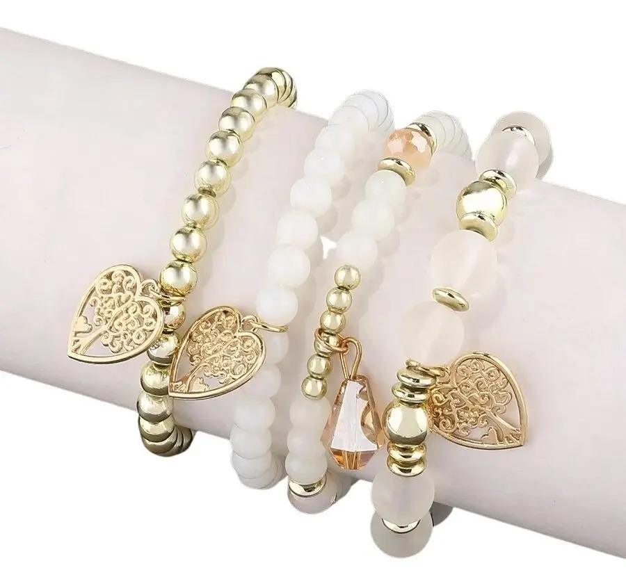 Pulsera Set 4 Piexzas Elegante + Accesorio De Corazón  Pnl