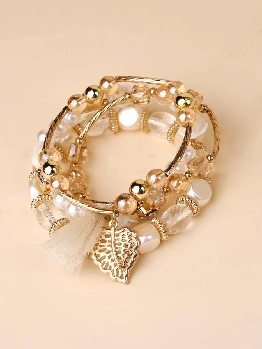 Pulsera Brazalete Casual Con Fleco Y Hoja 4 Piezas Pnl - Imagen 4