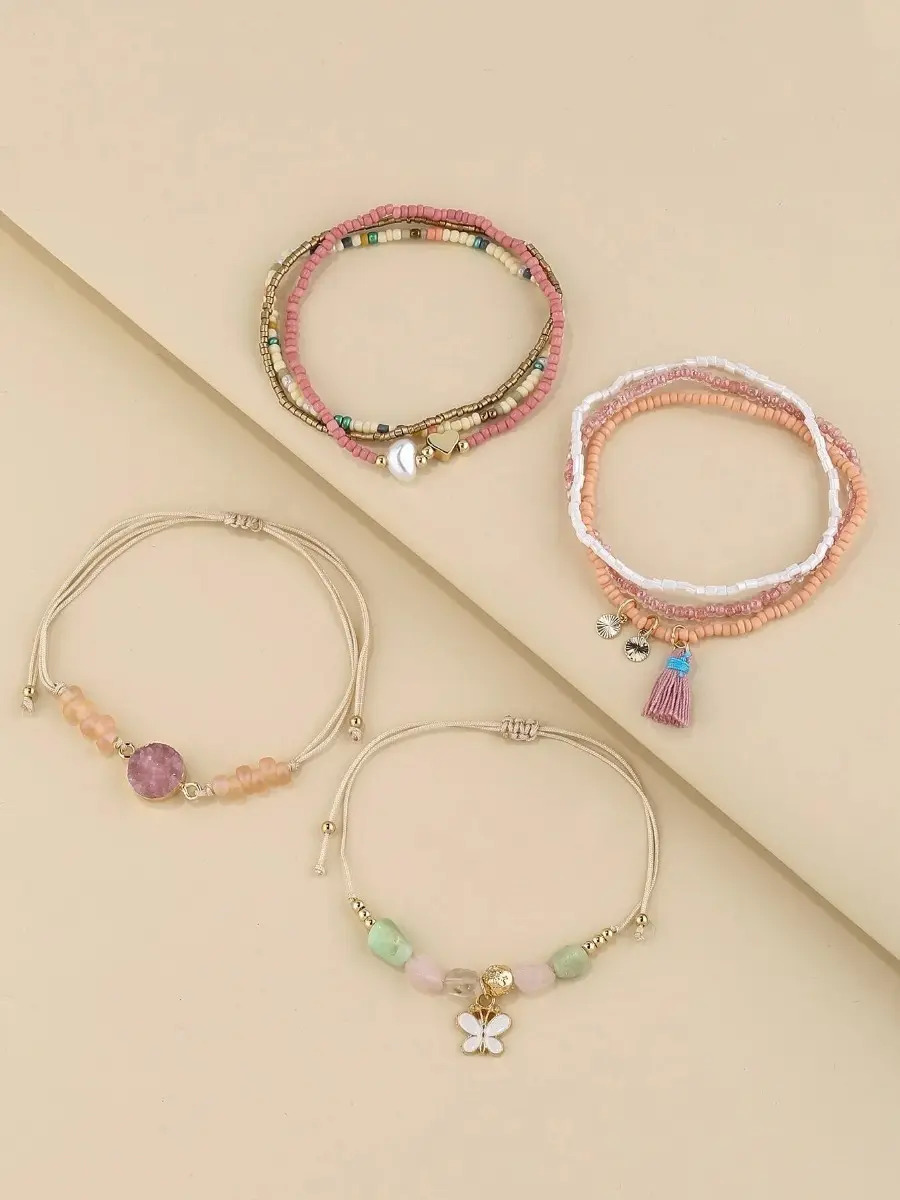 Pulsera Casual Set 8 Pzs Cuencas Redonda + Dije Mariposa Pnl - Imagen 3