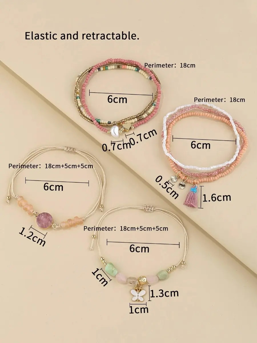Pulsera Casual Set 8 Pzs Cuencas Redonda + Dije Mariposa Pnl - Imagen 5