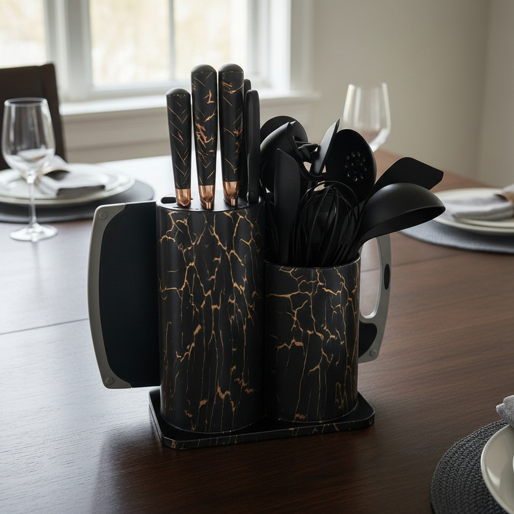 Set Cuchillos/utensilios 25 Piezas Negro Marmoleado Dorado - Imagen 2