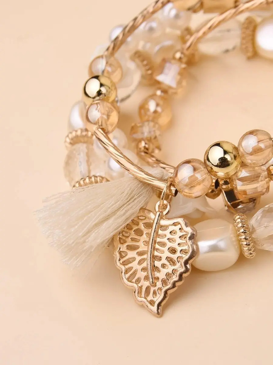 Pulsera Brazalete Casual Con Fleco Y Hoja 4 Piezas Pnl - Imagen 3