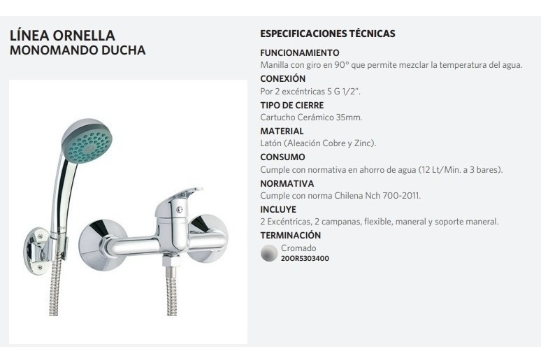 Monomando Llave Grifo Para Ducha Modelo Ornella Stretto - Imagen 2