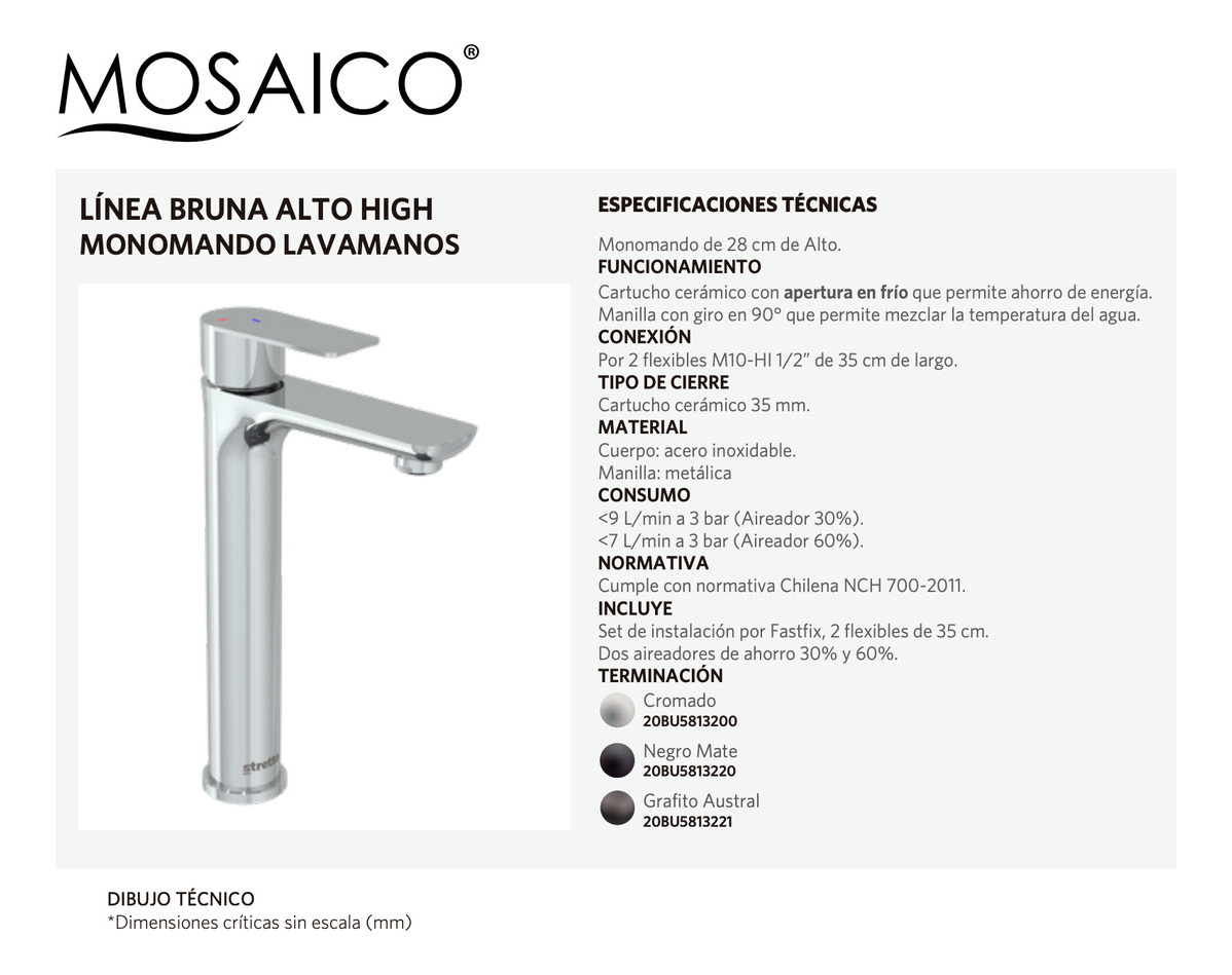 Monomando Lavatorio Llave Modelo Bruna Alto High Stretto - Imagen 7