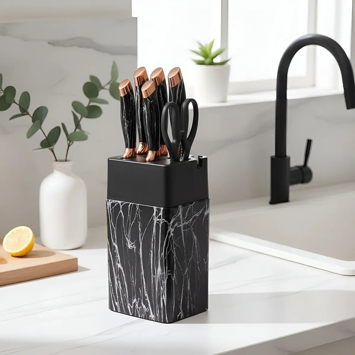 Set Cuchillos De Cocina 7 Piezas Con Bloque Diseño De Mármol - Imagen 2