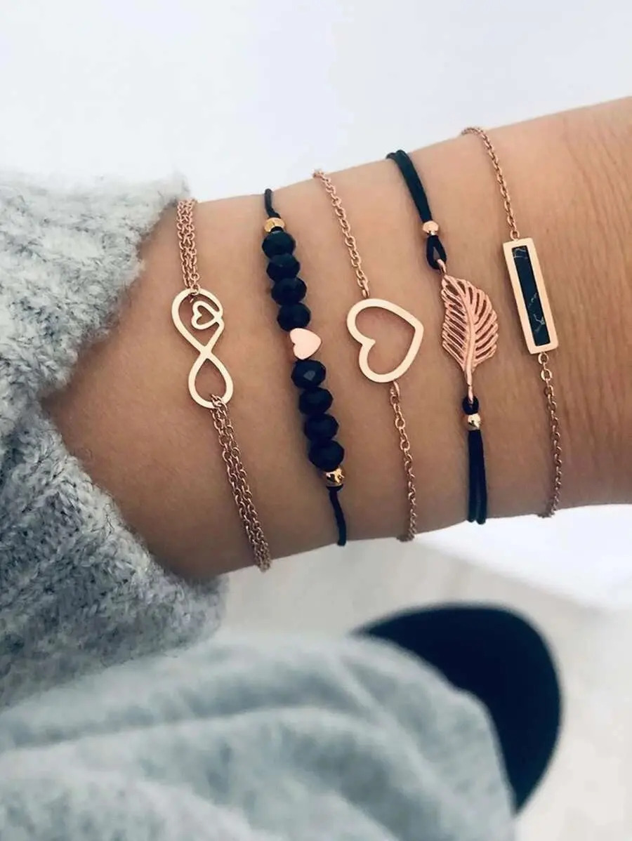 Pulsera Con Diseño Variado De Corazón Y Hoja Set 5 Pnl - Imagen 3