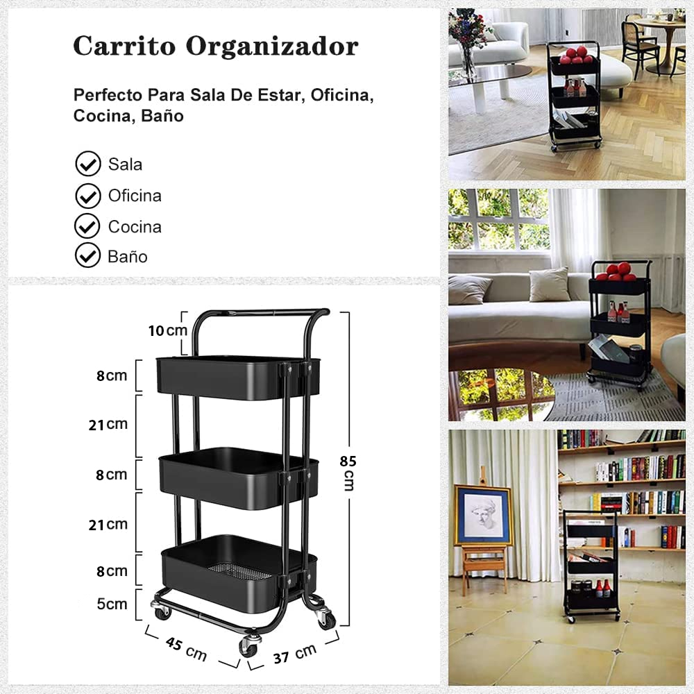 Carro Estante Organizador Con 3 Niveles Y Ruedas Metalico - Imagen 10