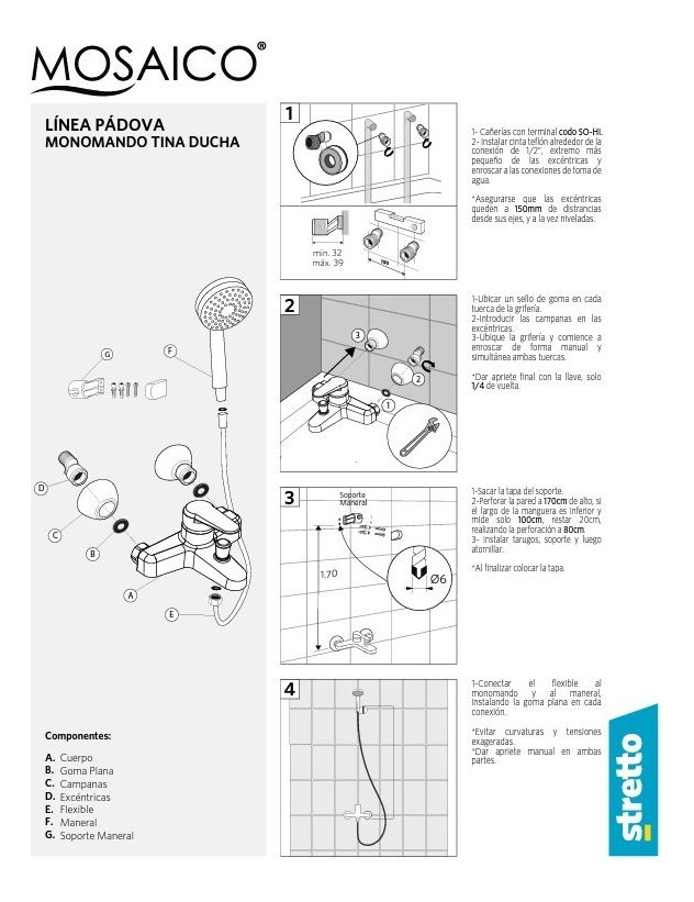 Monomando Llave Grifo Para Tina Ducha Modelo Padova Stretto - Imagen 14