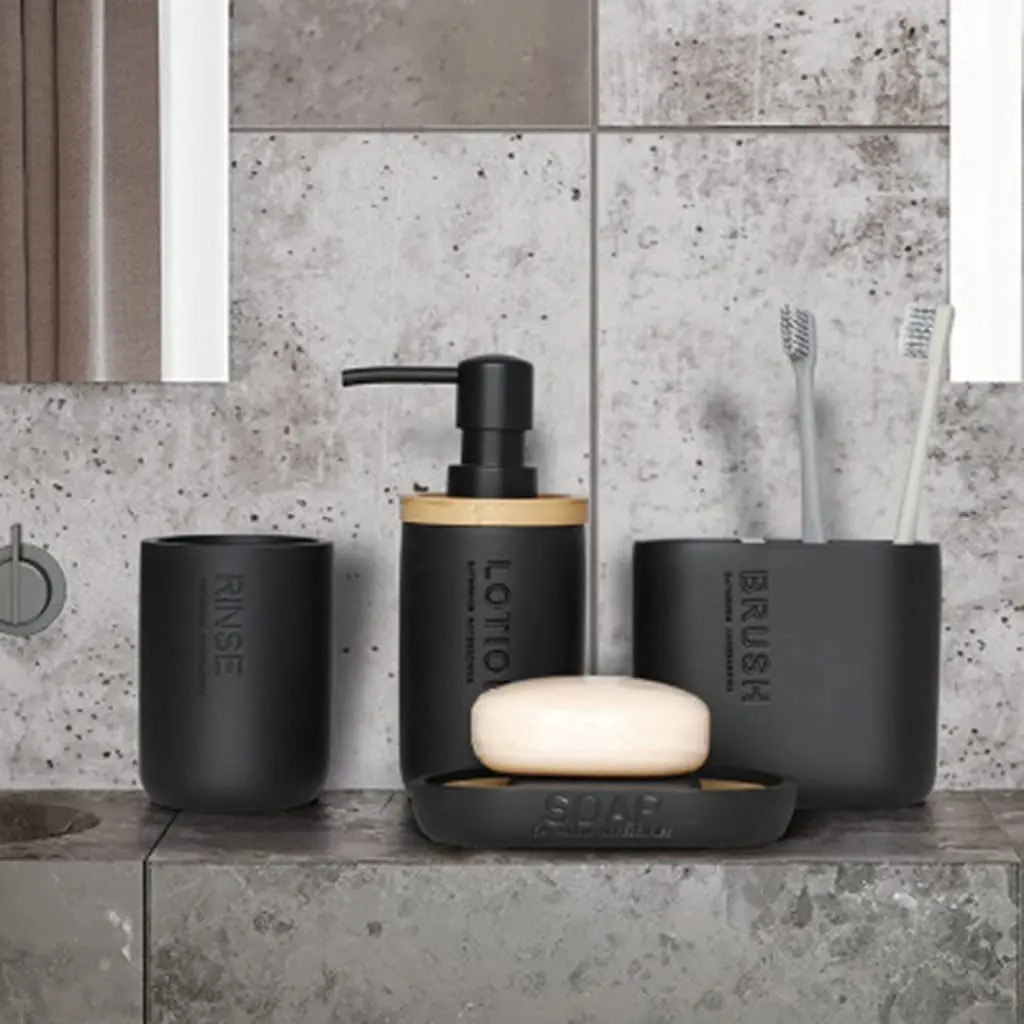 Set Accesorios De Baño Moderno 4 Piezas Resina Bambu Stretto