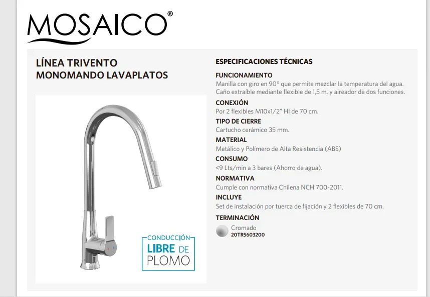 Monomando Llave Extraíble Lavaplatos Modelo Trivento Stretto - Imagen 6