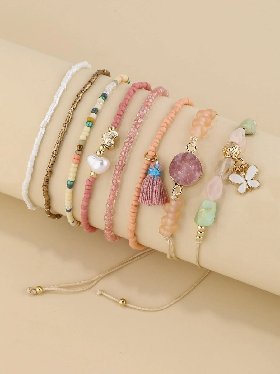 Pulsera Casual Set 8 Pzs Cuencas Redonda + Dije Mariposa Pnl - Imagen 4