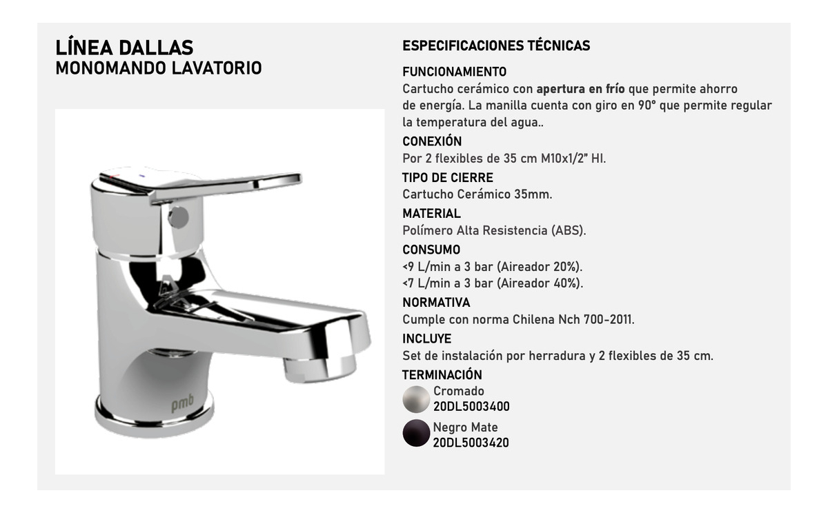 Monomando Lavatorio Llave Grifo Modelo Dallas Pmb - Imagen 5