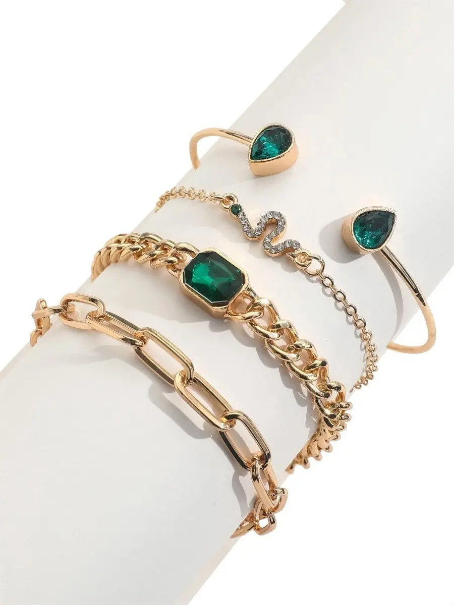 Pulsera Elegante Con Esmeraldas Y Diamantes 4 Piezas Pnl