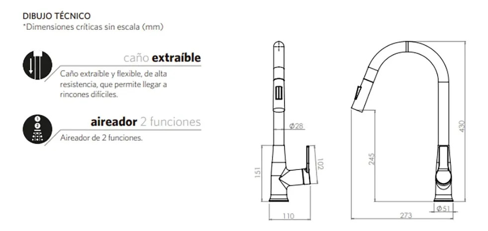 Monomando Llave Extraíble Lavaplatos Modelo Trivento Stretto - Imagen 8