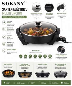 Sartén Eléctrico Multifunción De aluminio SOKANY 30 cm 1500W Antiadherente con Tapa de Vidrio Capacidad 5 Litros Color Negro