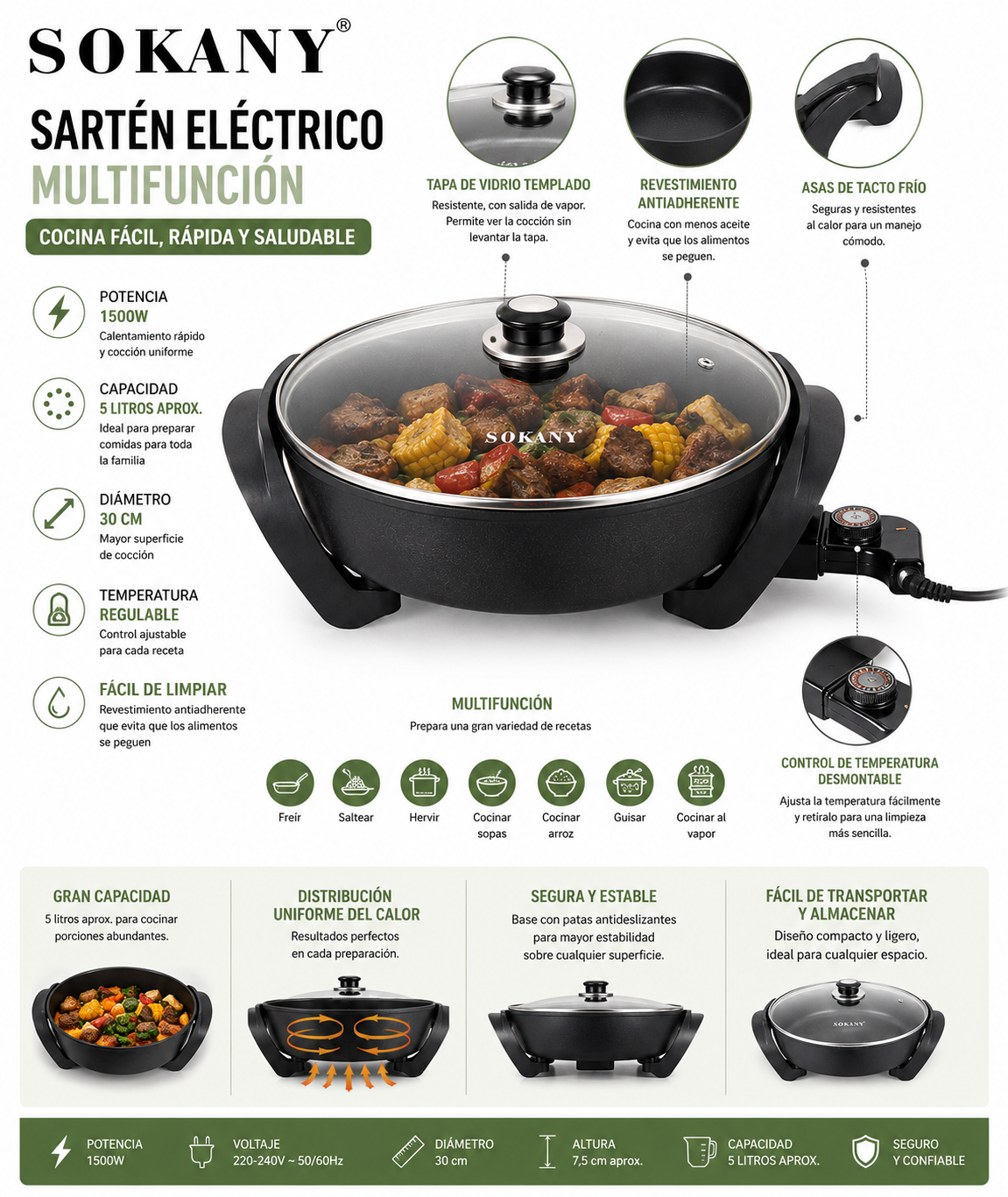 Sartén Eléctrico Multifunción De aluminio SOKANY 30 cm 1500W Antiadherente con Tapa de Vidrio Capacidad 5 Litros Color Negro