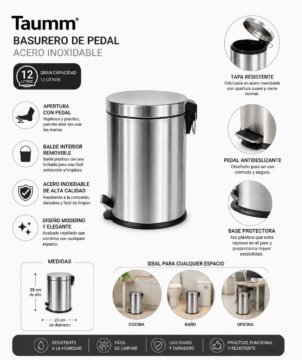 Basurero Pedal Acero Inoxidable 12 Litros Taumm