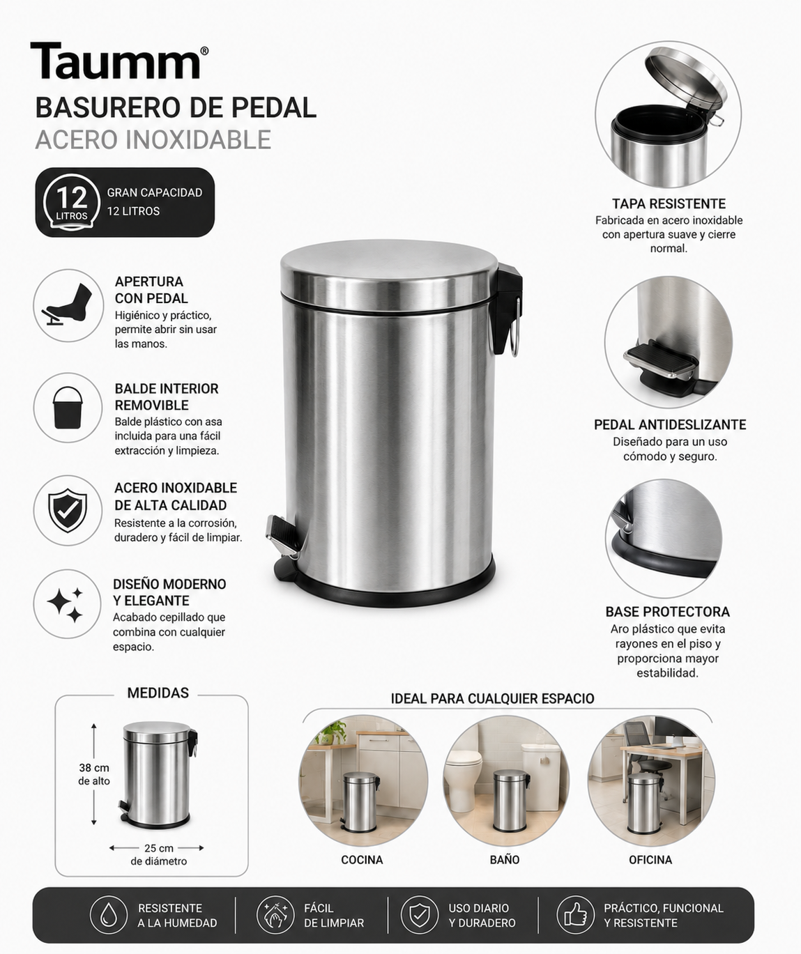 Basurero Pedal Acero Inoxidable 12 Litros Taumm