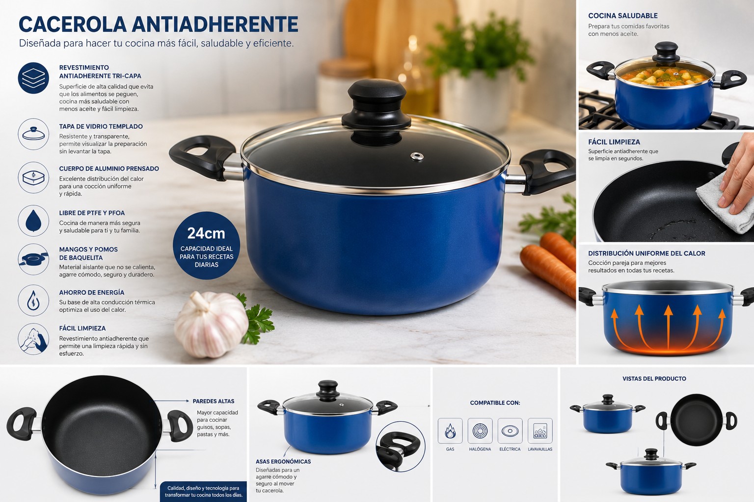 Olla Cacerola Antiadherente 24 cm 5 Litros Modelo Royal Blue Marca Vitta
