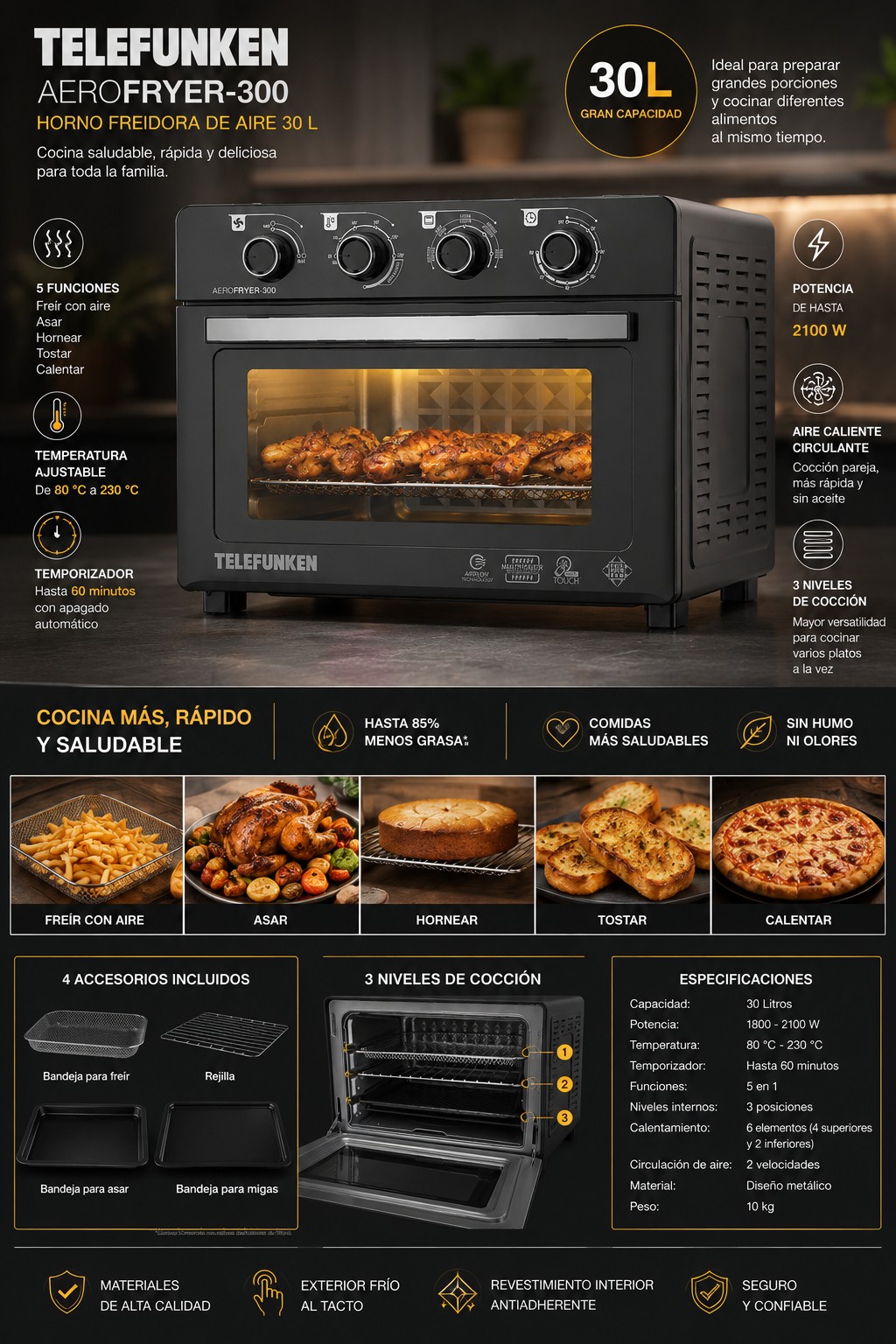 Horno Freidora de Aire Telefunken AeroFryer 300 30L 2100W - Imagen 3