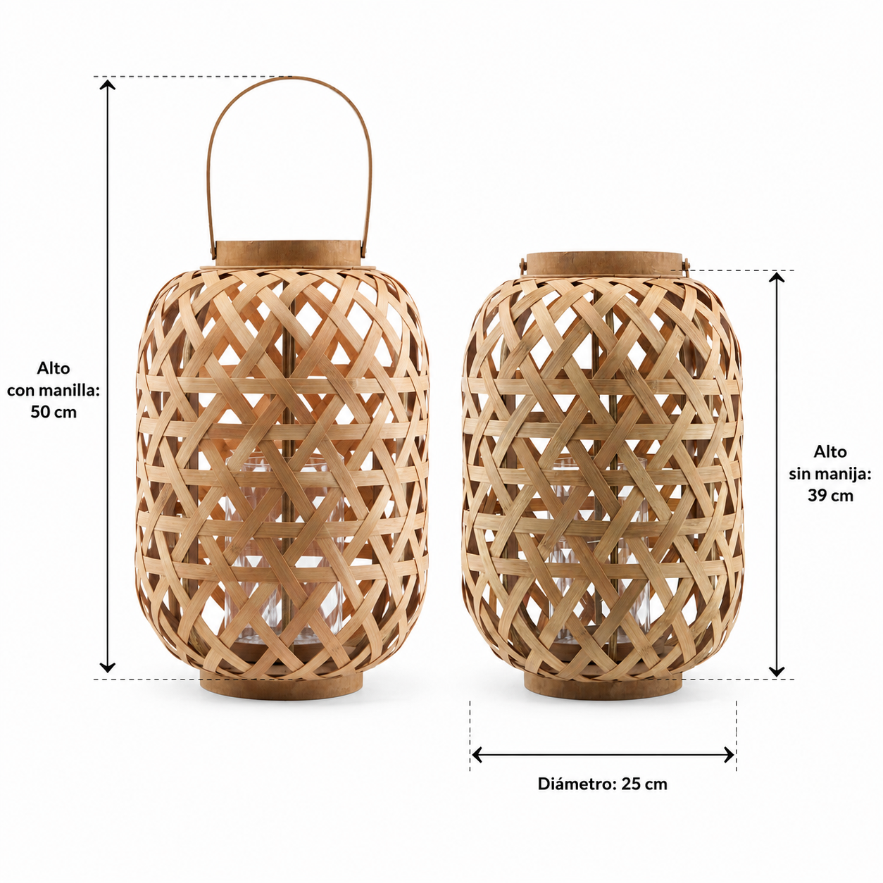 Farol Decorativo Cilíndrico de Bambú con Asa y Porta Velas 25cm Natural - Imagen 8