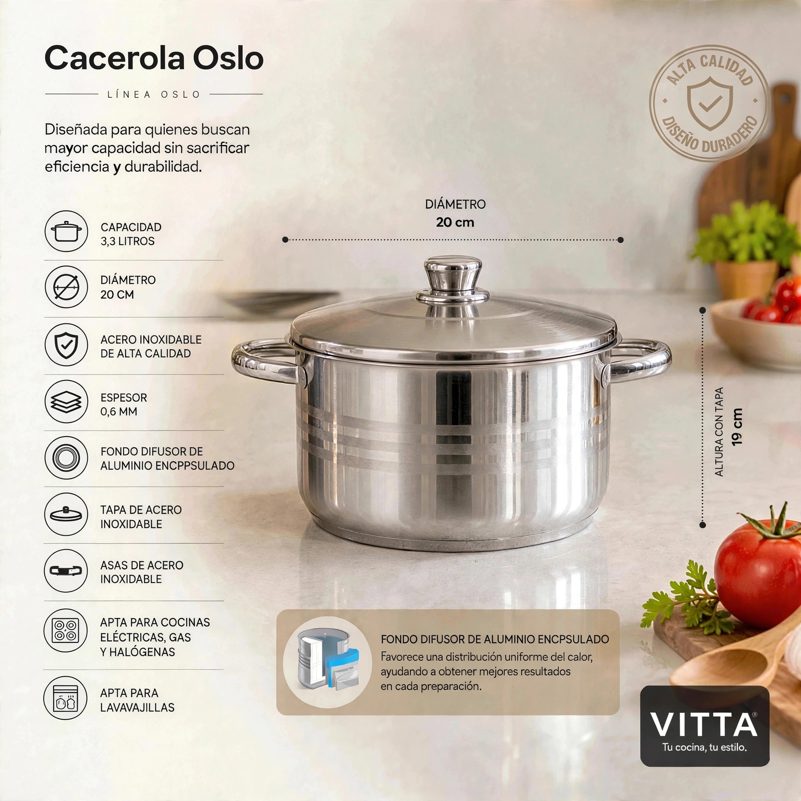 Cacerola Acero Inoxidable 20 Cm 3,3 Litros 0.6 MM Modelo Oslo Marca Vitta - Imagen 3