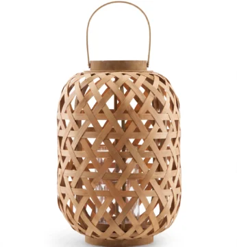 Farol Decorativo Cilíndrico de Bambú con Asa y Porta Velas 24cm Natural
