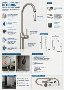Monomando Llave Grifo Extraible Para Lavaplatos Modelo Modern Inox Marca Taumm