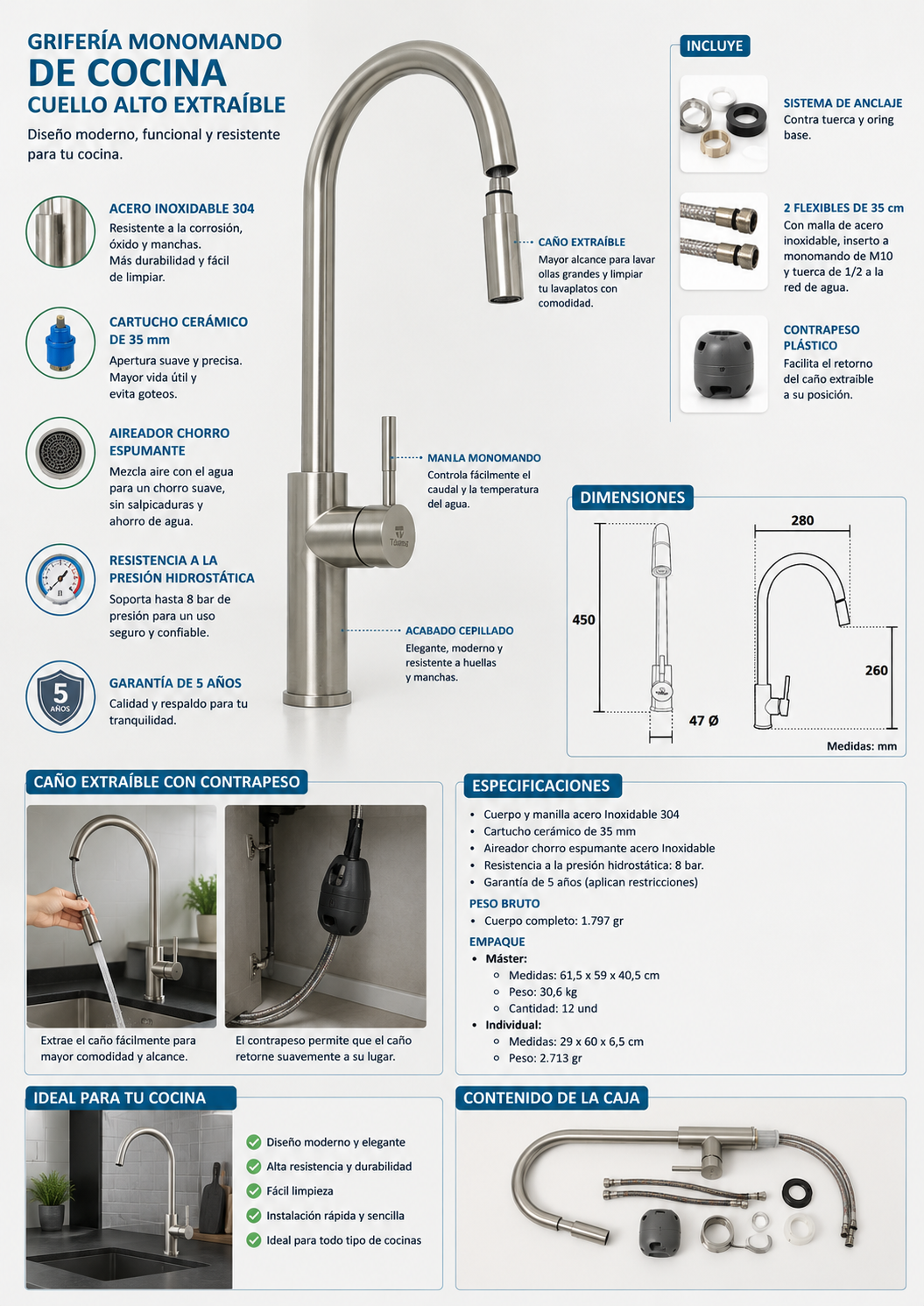 Monomando Llave Grifo Extraible Para Lavaplatos Modelo Modern Inox Marca Taumm