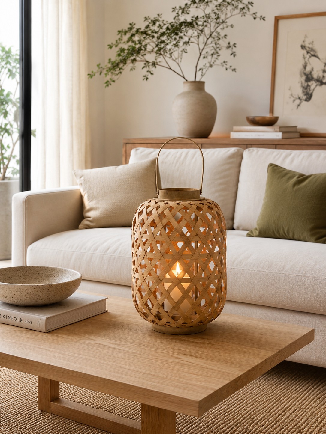 Farol Decorativo Cilíndrico de Bambú con Asa y Porta Velas 25cm Natural - Imagen 4